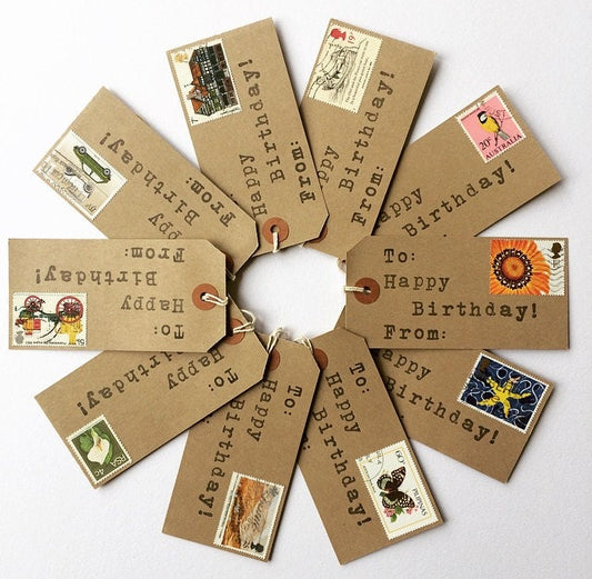 Happy Birthday Postage Stamp Gift Tags (Set of 10)