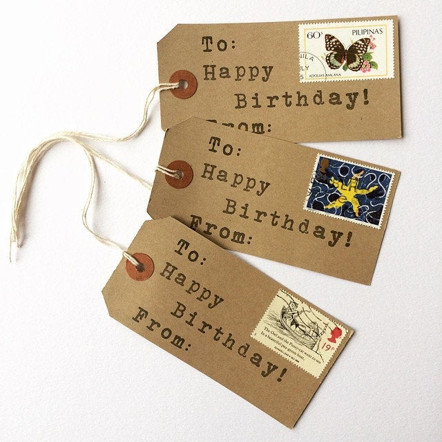 Happy Birthday Postage Stamp Gift Tags (Set of 10)