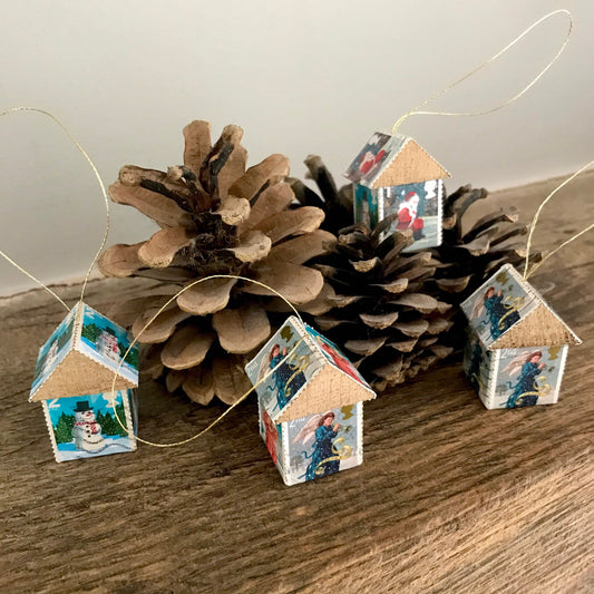 Miniature Wooden House Postage Stamp Decorations (Set of 4)