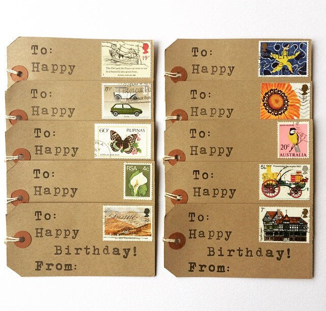 Happy Birthday Postage Stamp Gift Tags (Set of 10)