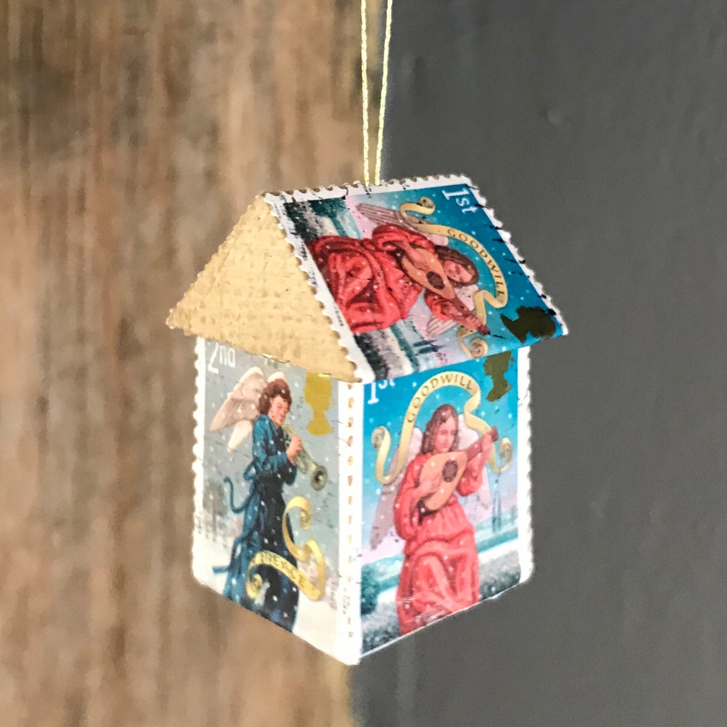 Miniature Wooden House Postage Stamp Decorations (Set of 4)