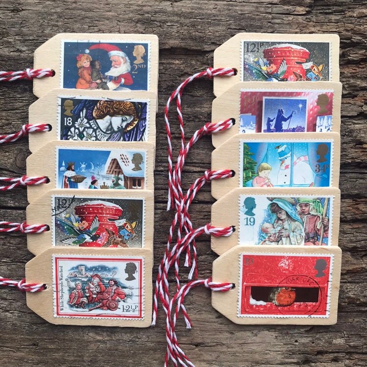 Wooden Christmas Postage Stamp Gift Tags (Set of 10)